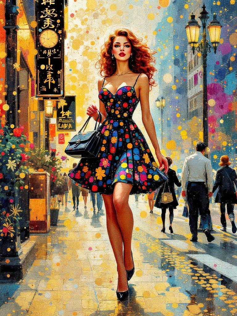 Art Nouveau Pin-Up Woman in Textured Cityscape