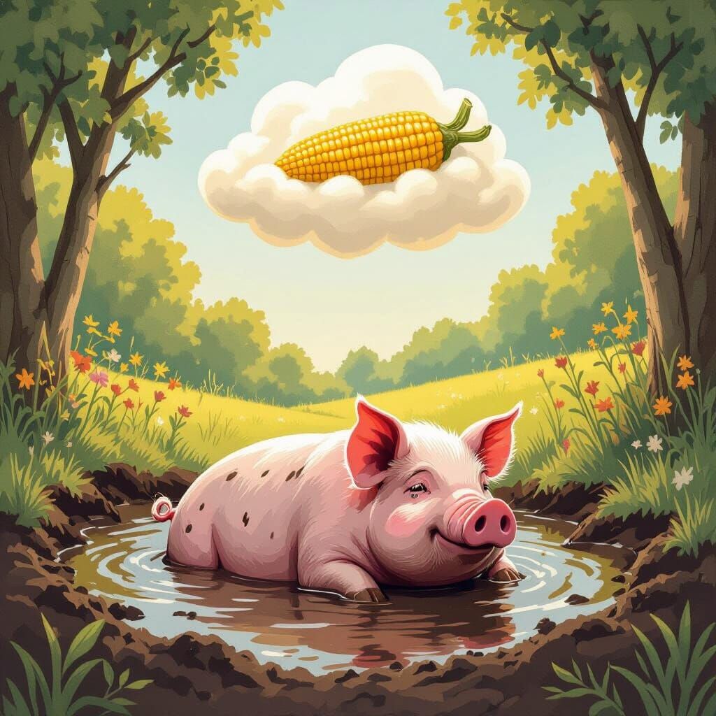 Pig Dreams of Corn in Storybook Illustration Style