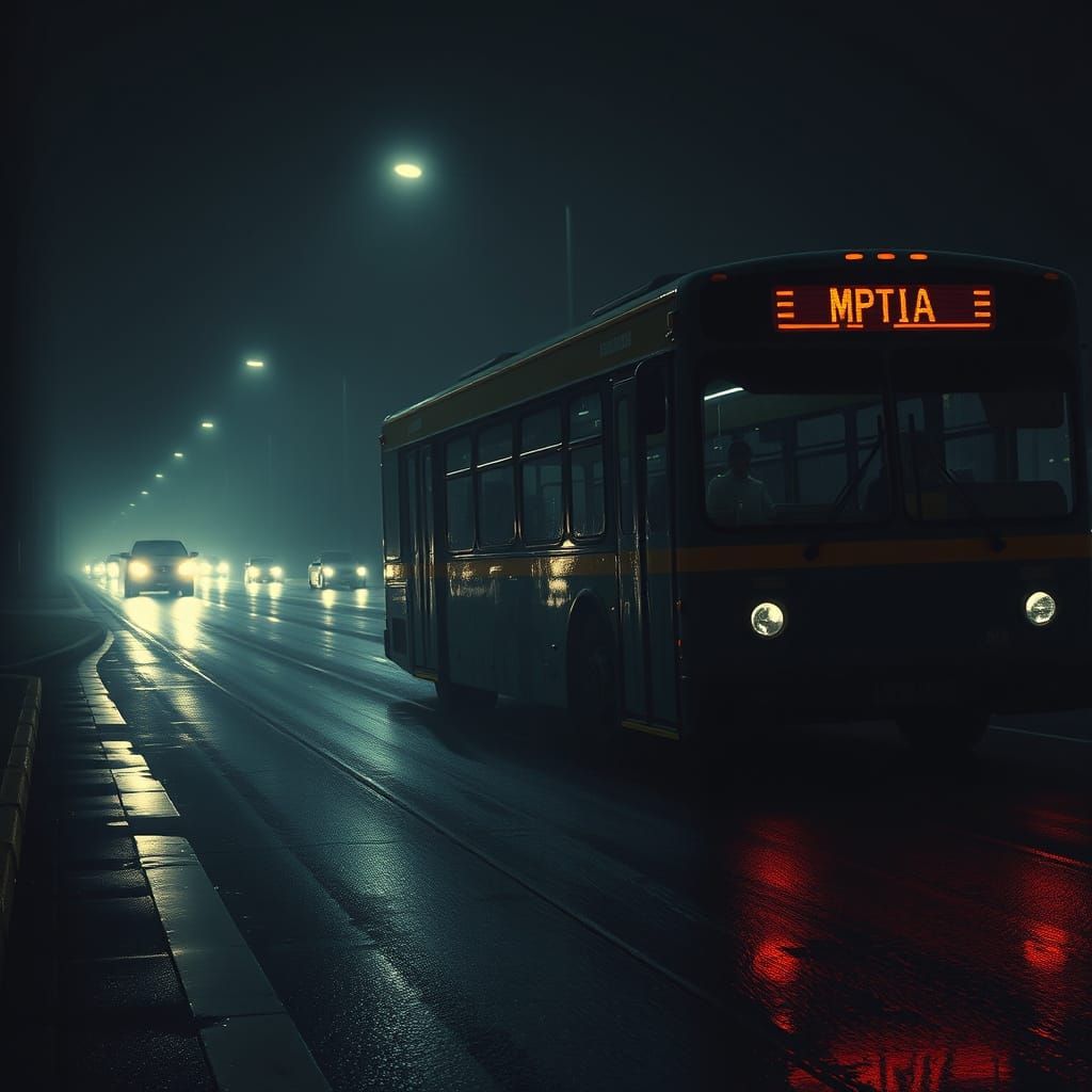 Night Bus on Wet Road, Atmospheric Digital Painting