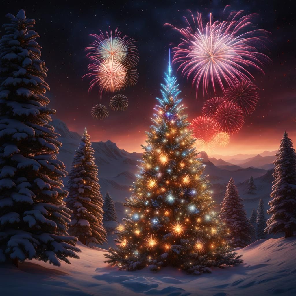 Christmas Tree Sparkles with Fireworks Display