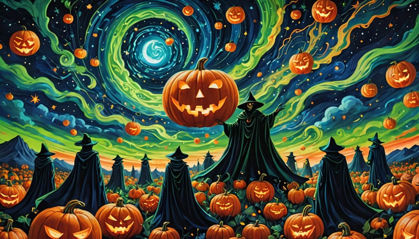 Vampires and Pumpkins in Cosmic Astral Illustration
