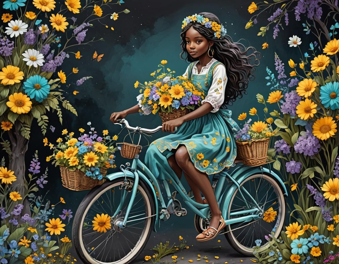 Girl on Bike: Whimsical Pencil Sketch in Teal and Lilac