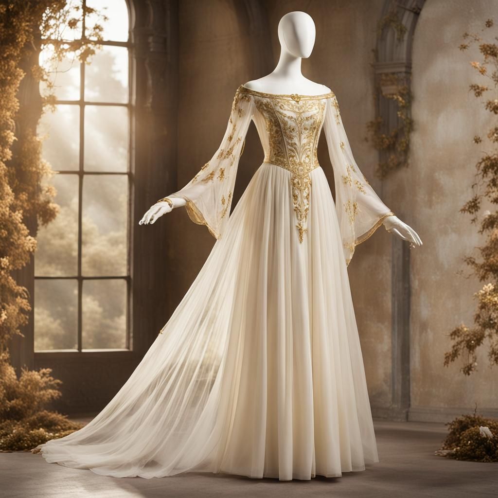 Medieval Fantasy Alabaster Dress with Gold