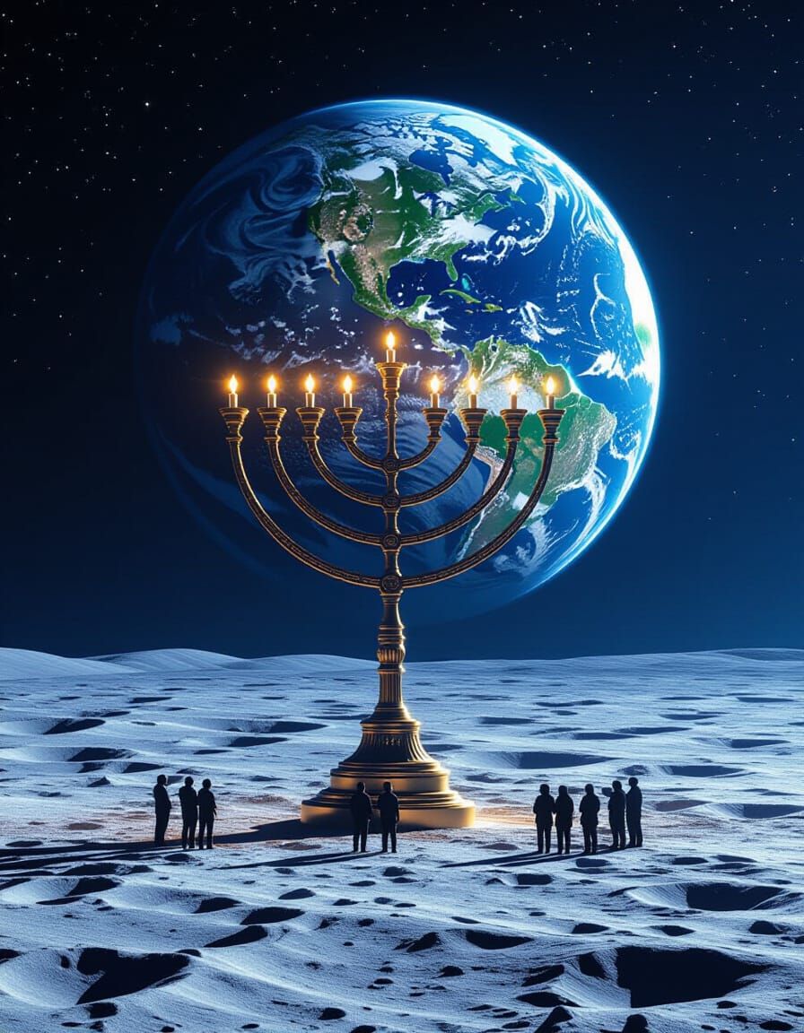 Cosmic Menorah Worship on the Moon with Earth Rise