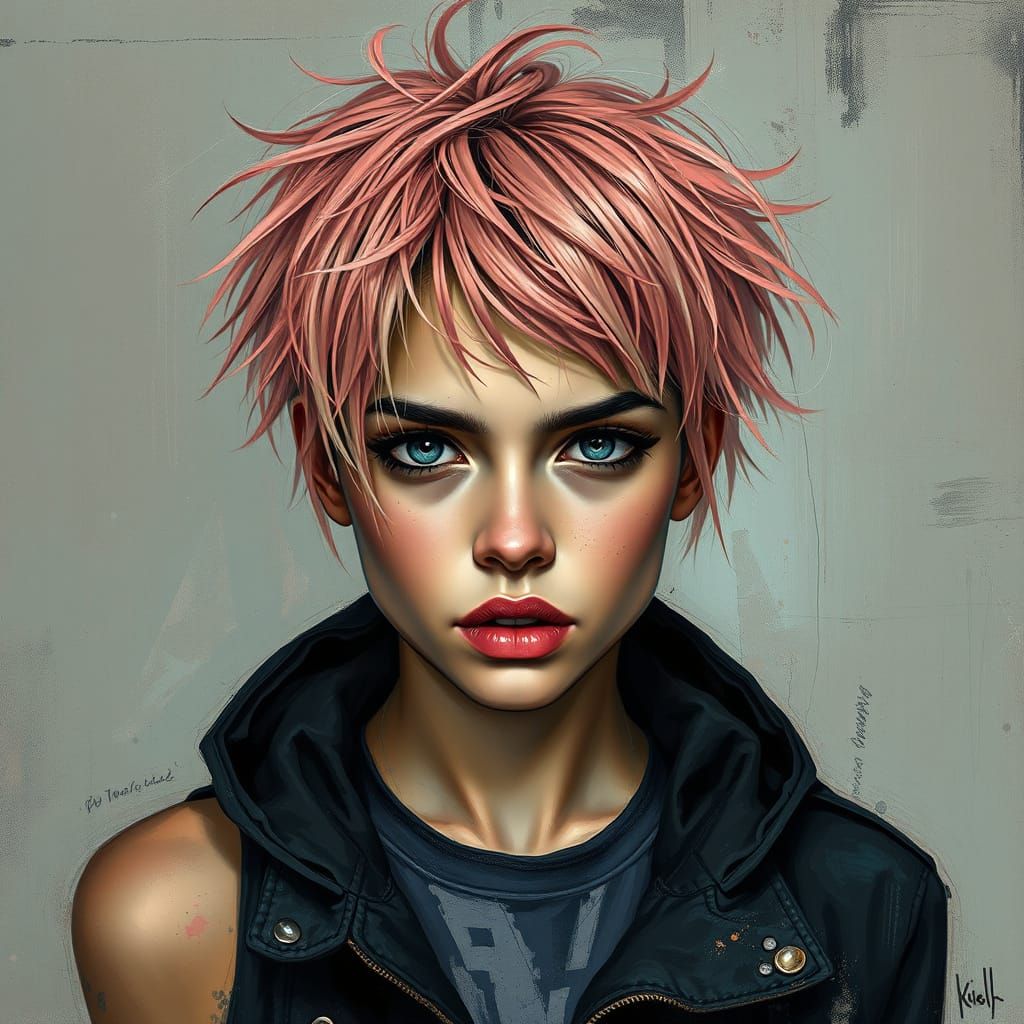 Grunge Art Portrait of a Young Woman with Coral Pink Hair