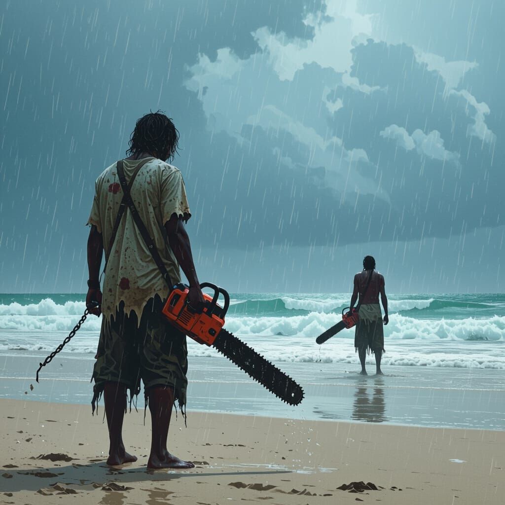 Stormy Tropical Beach with Ominous Figure and Chainsaw