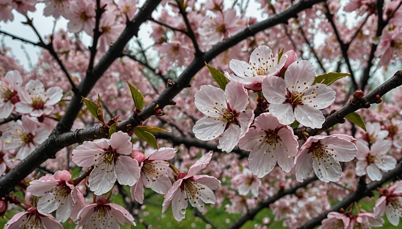 Cherry Blossom Glistening in Morning Dew