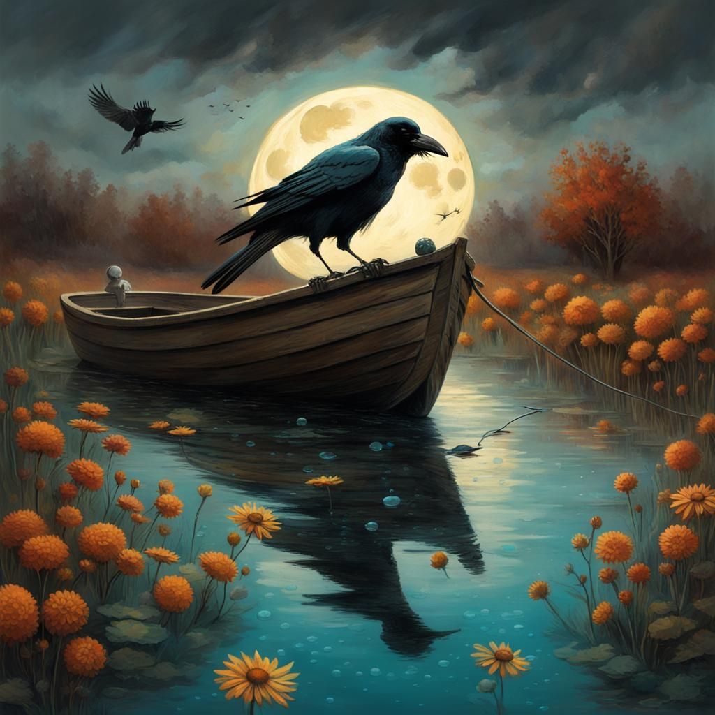 Turquoise Sugar Skull with Crow in Pond