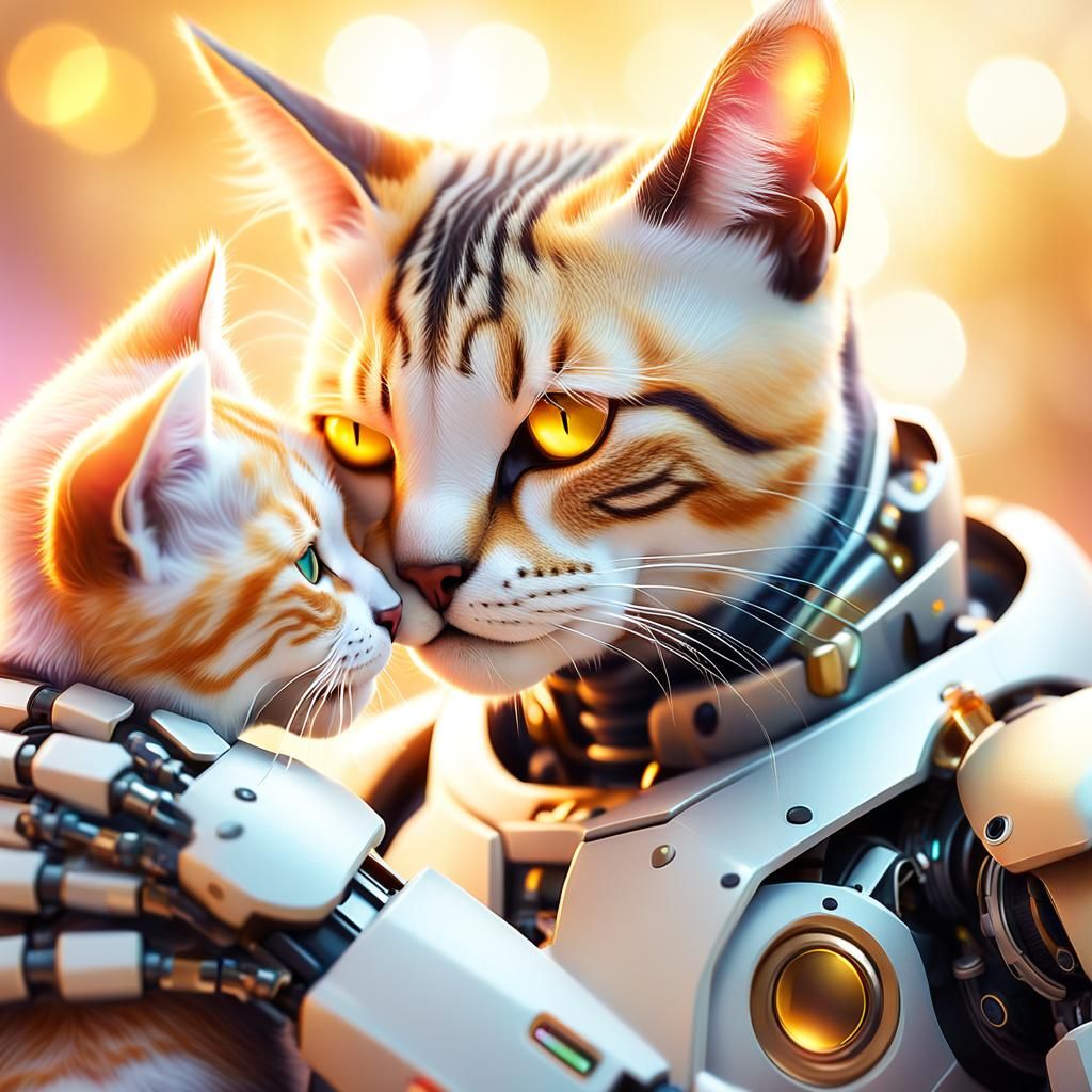 Whimsical Robot Cat Portrait in Soft Pastel Colors