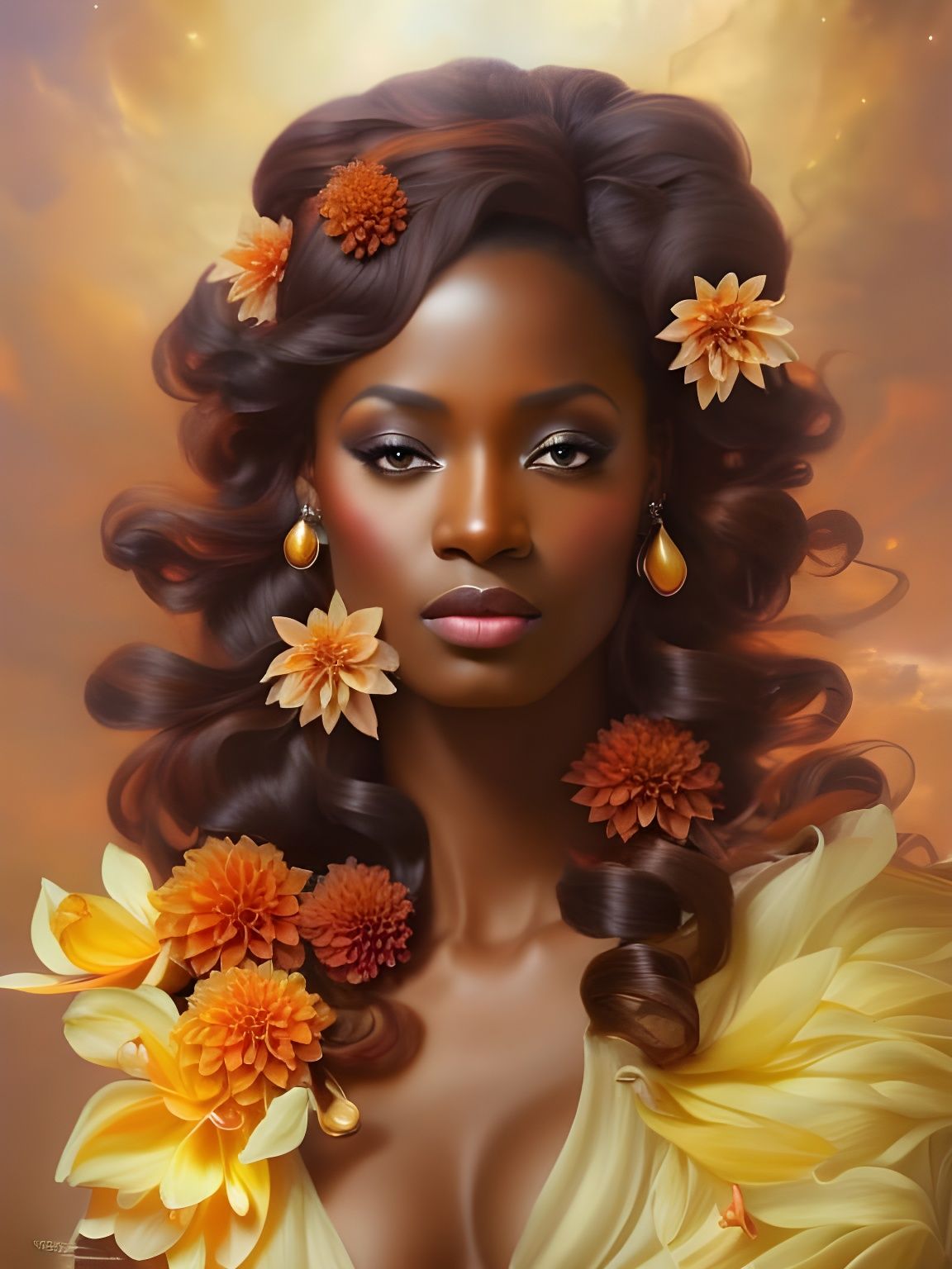 Chocolate Goddess with Dahlias, Dark Fantasy Art