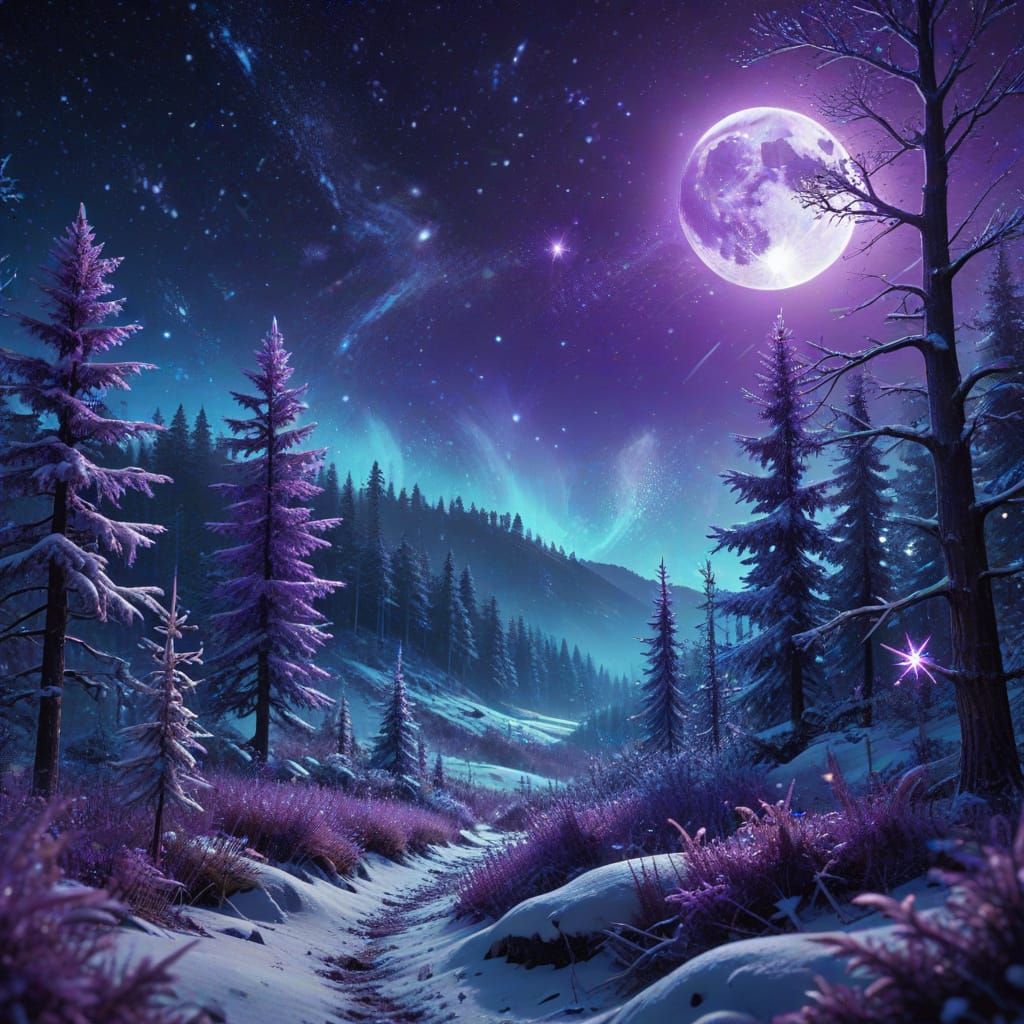 Cosmic Full Moon Over Snowy Forest
