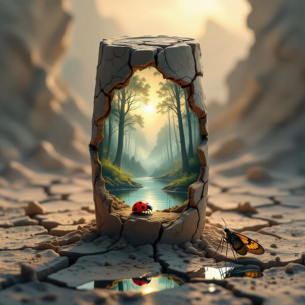 Surreal Fossil Structure with Ladybug Worlds, Painterly Styl...