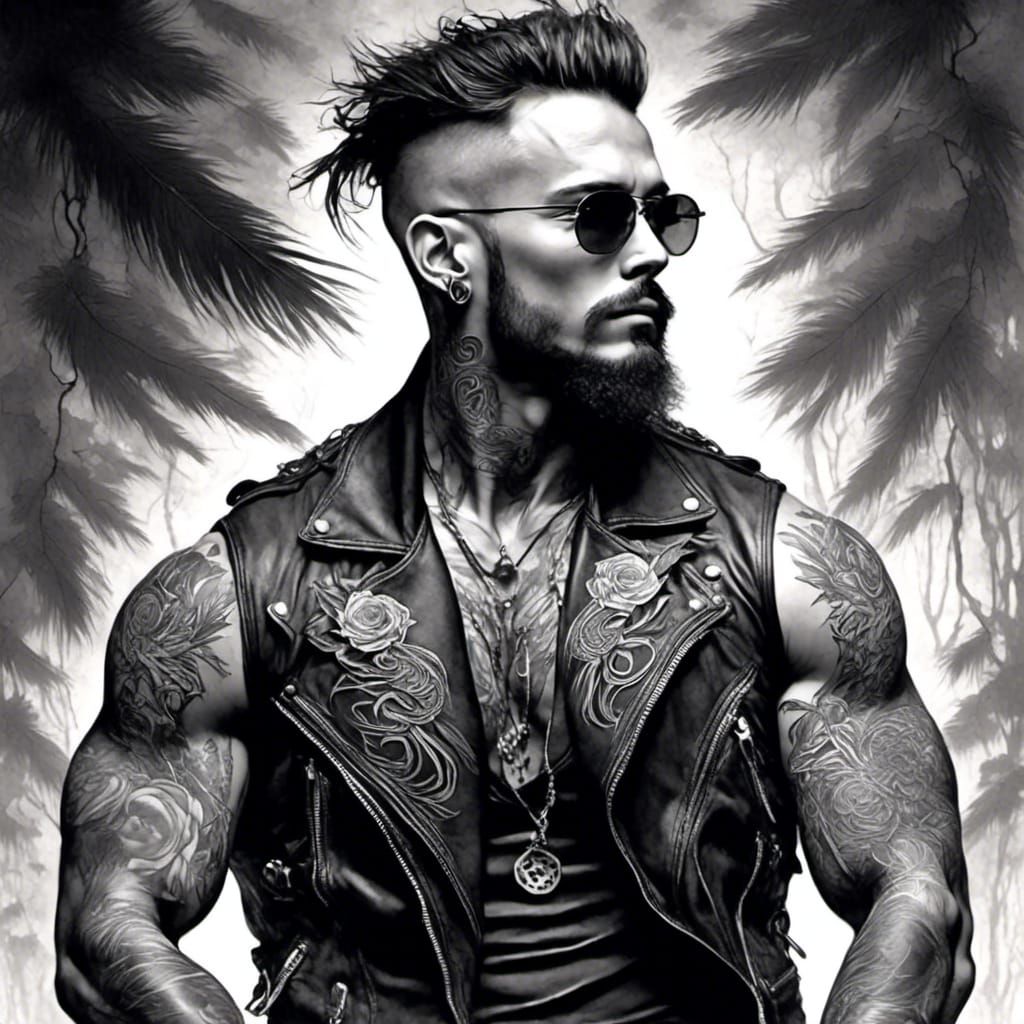 Monochrome Biker with Tattoos in Leather Vest