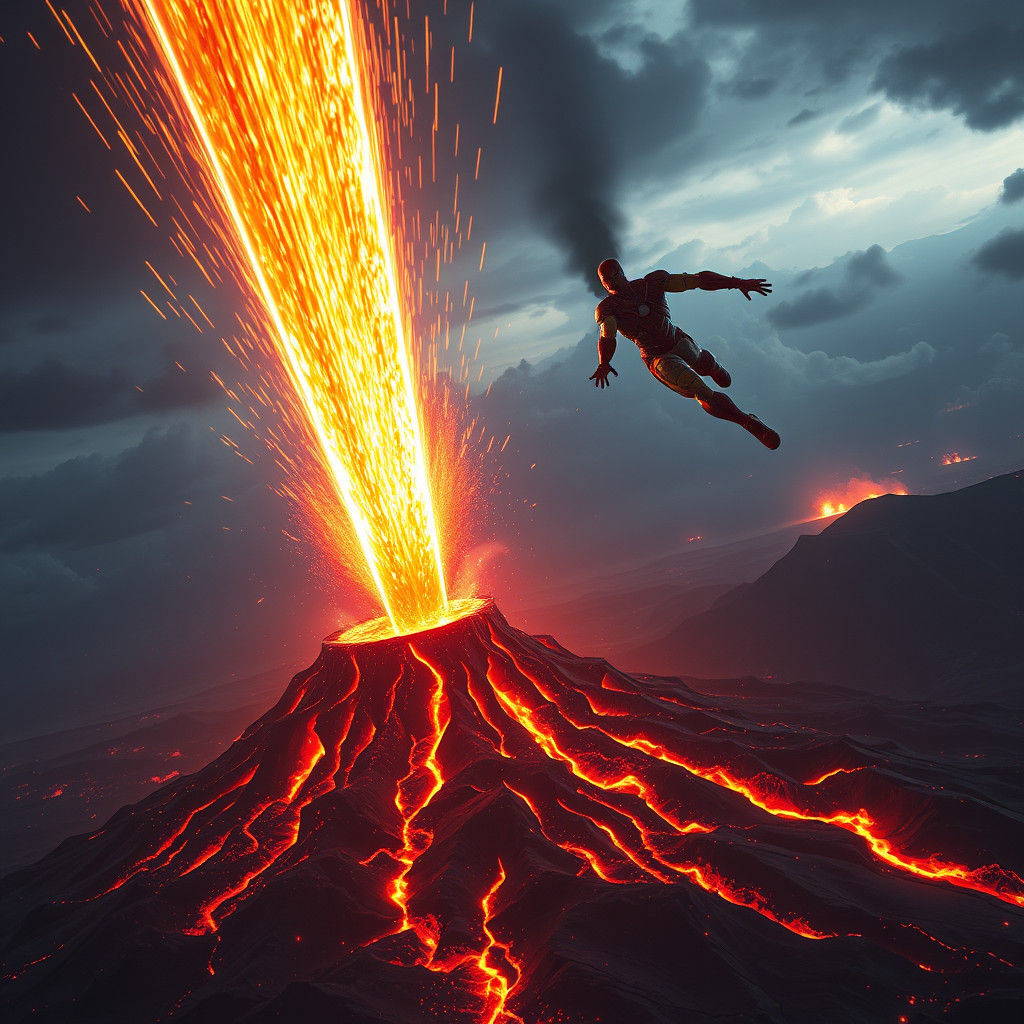 Volcanic Eruption with Iron Man in Distance: Fantasy Art