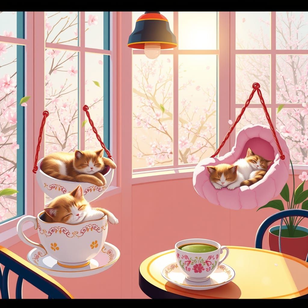 Cozy Cat Café with Cherry Blossoms, in Pop Art Style