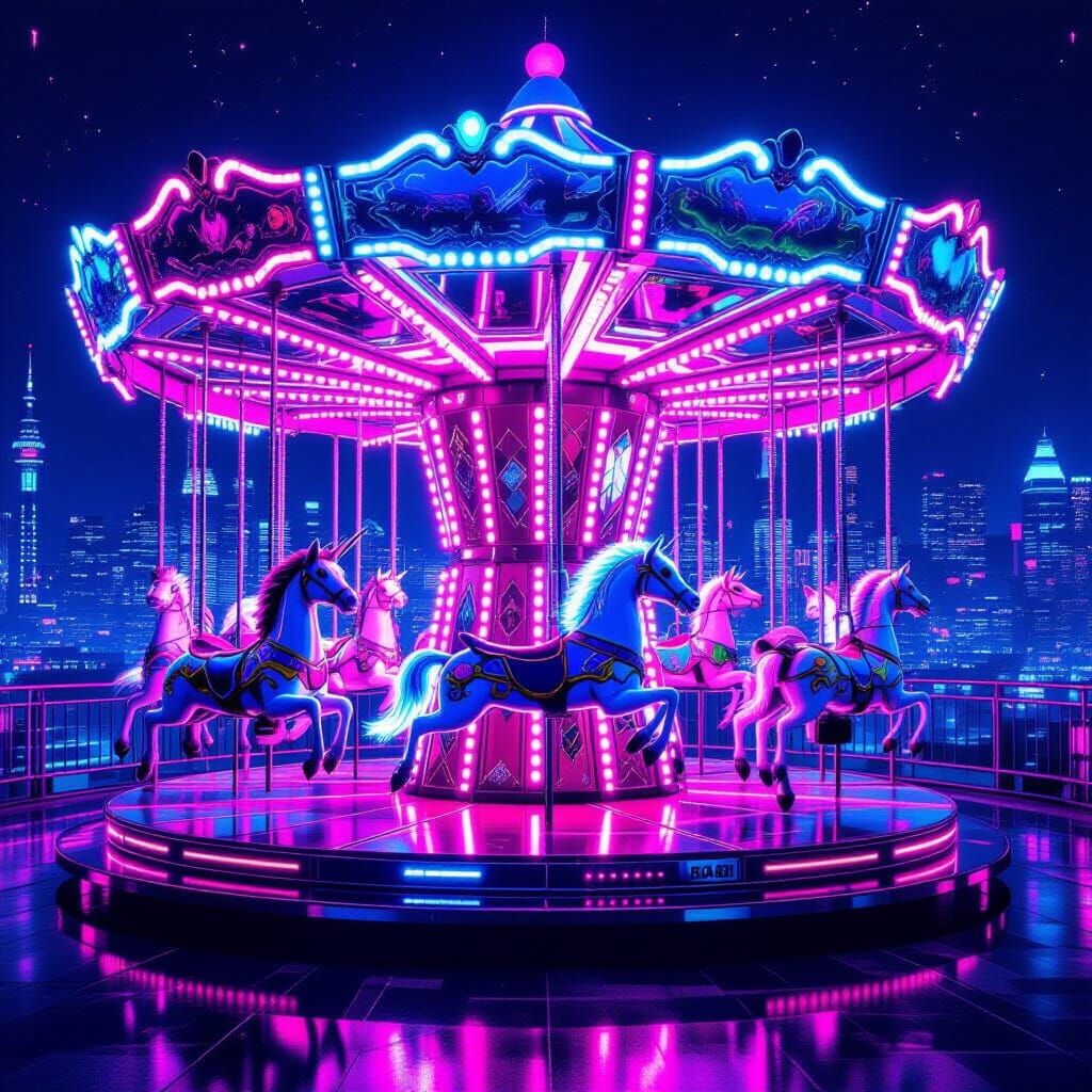 Cyberpunk Carousel With Holographic Beasts