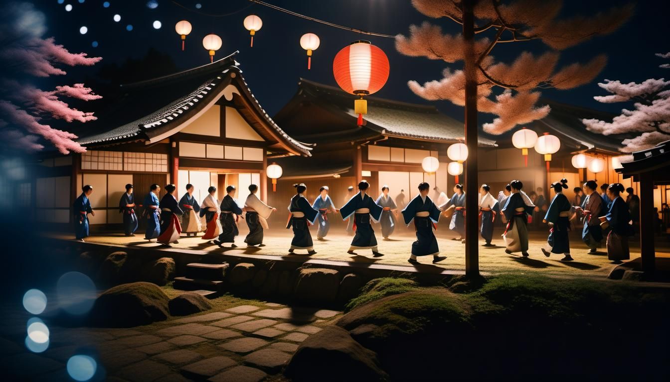 Medieval Japanese Village Dance: Silkscreen Style