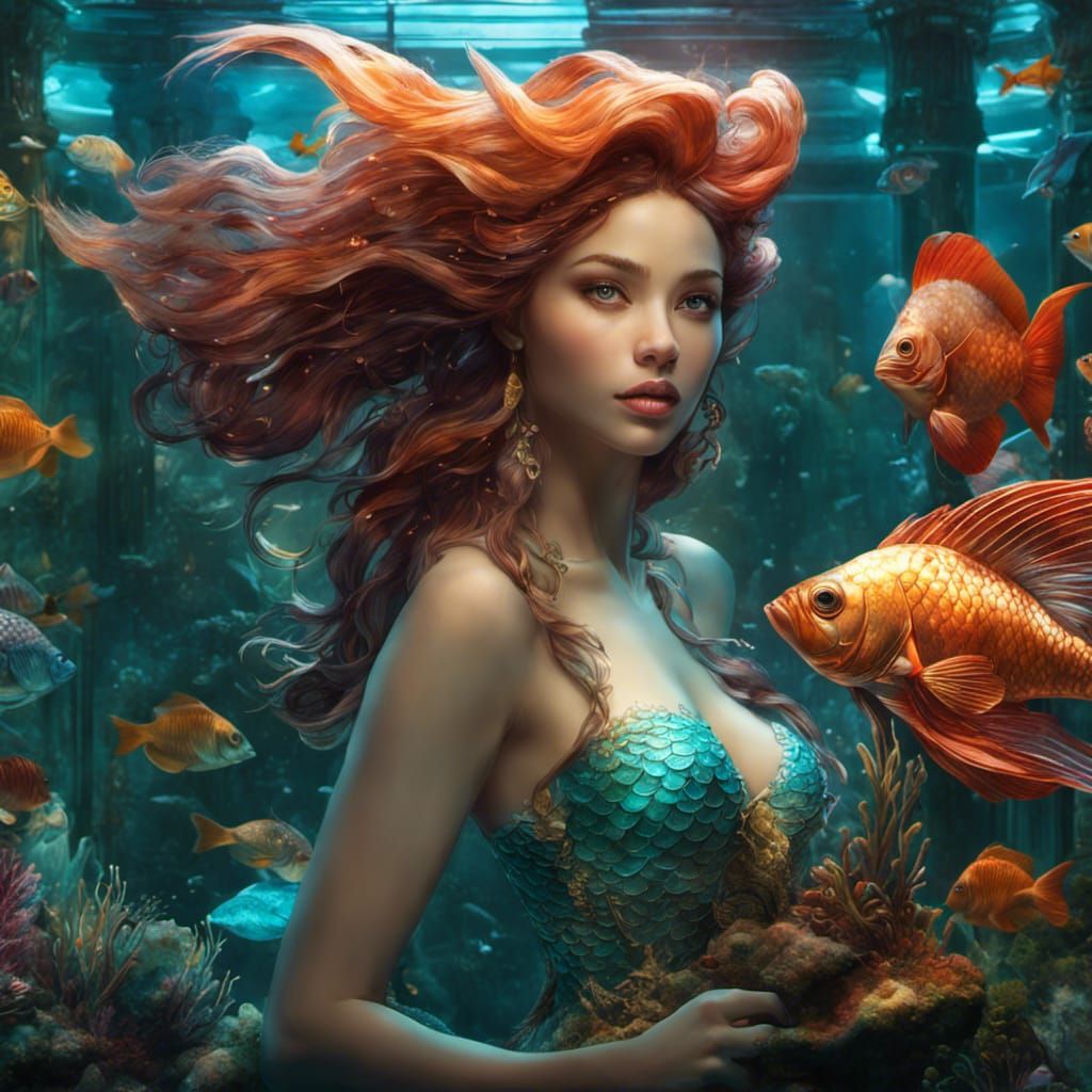 gorgeous mermaid in a large fish tank