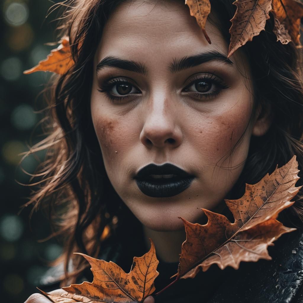 Woman Licking Leaf in Dark Academia Style