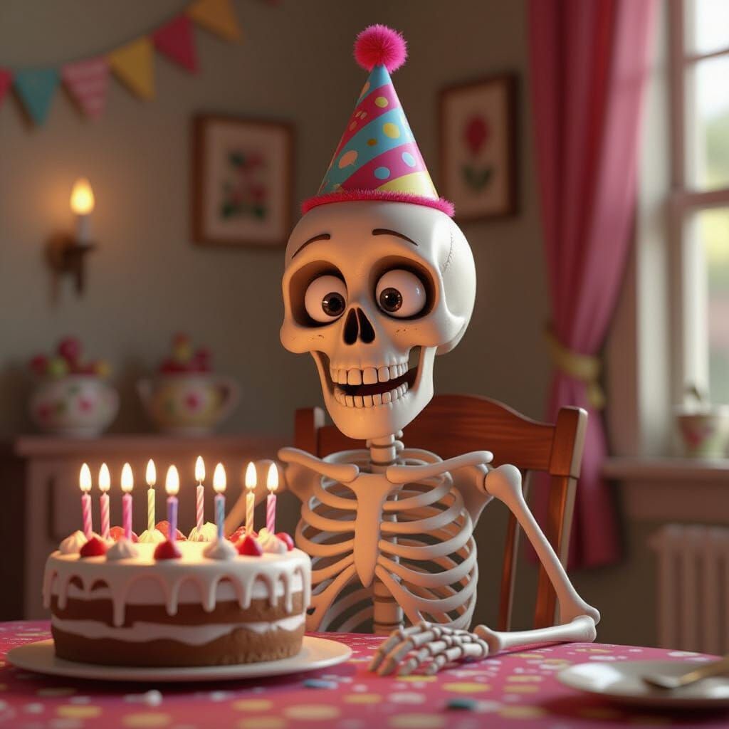 Joyful Skeleton Celebrates Birthday in Pixar Style