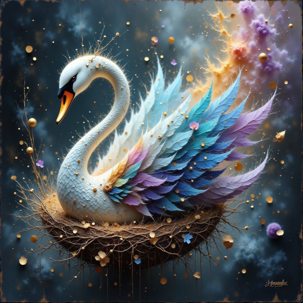 Cosmic Swan Soaring Through Starry Nebula