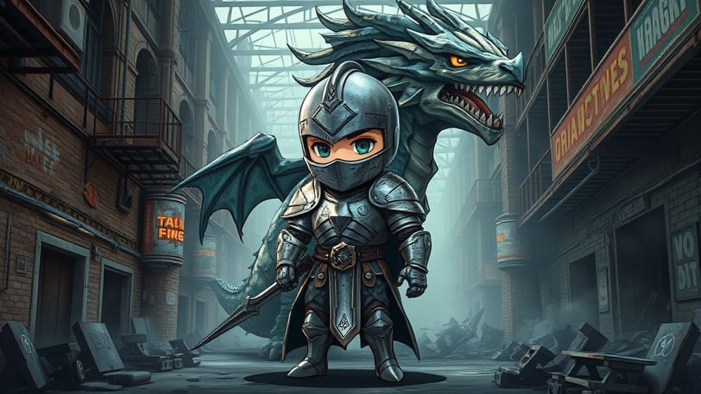 Cyberpunk Chibi Knight Confronts a Gritty Dragon