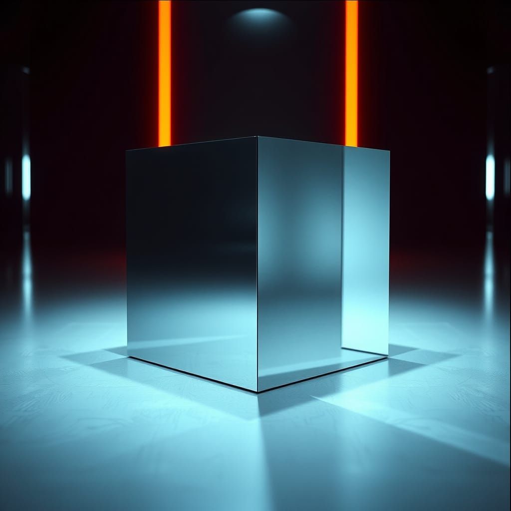 Sleek Mirror Cube in Cinematic Film Still