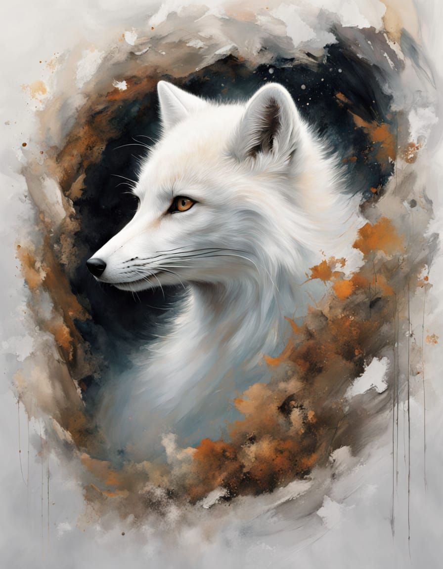 In a swirling snowstorm, an Arctic white fox slumbers, curle...
