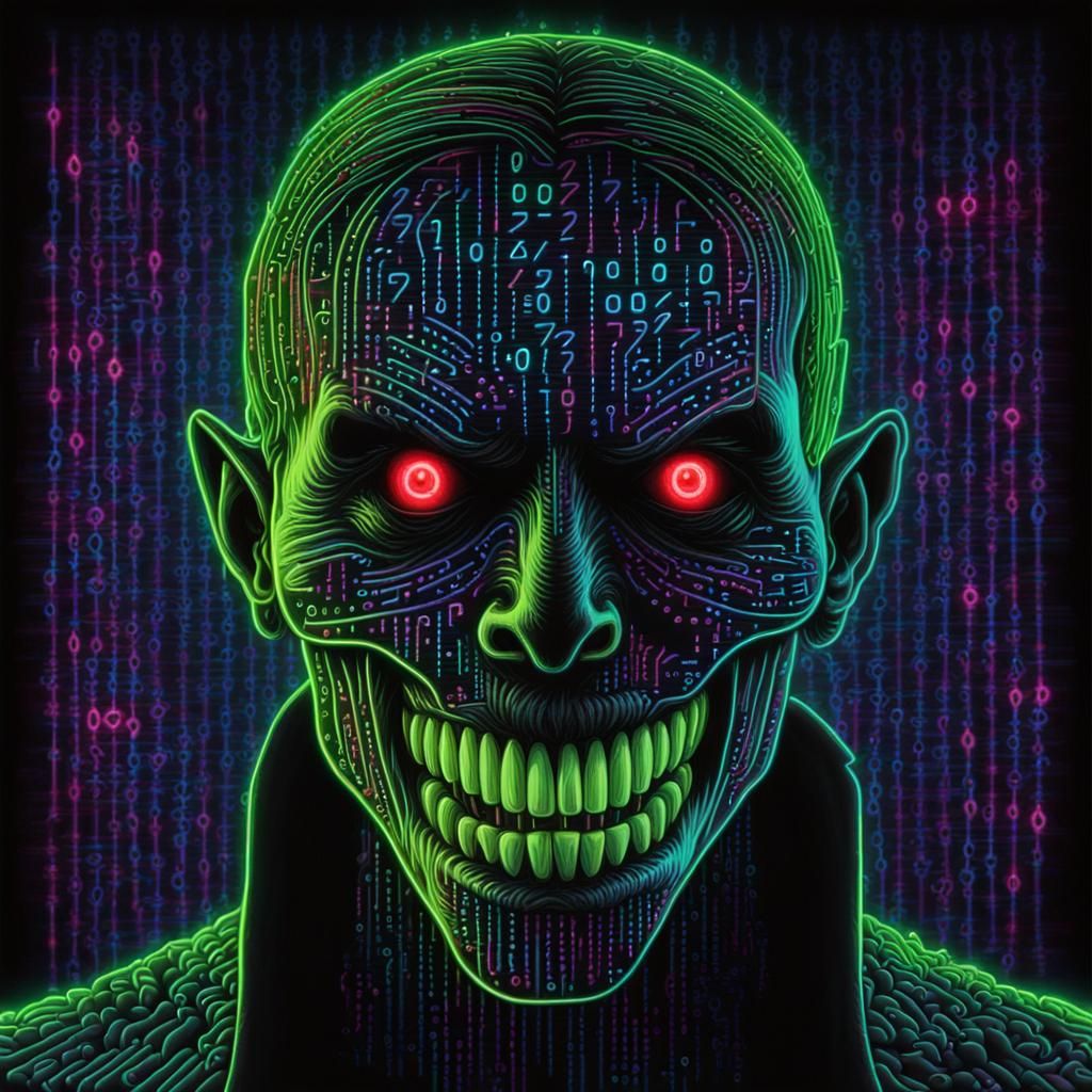 Neon Binary Code Vampire in Horror Art