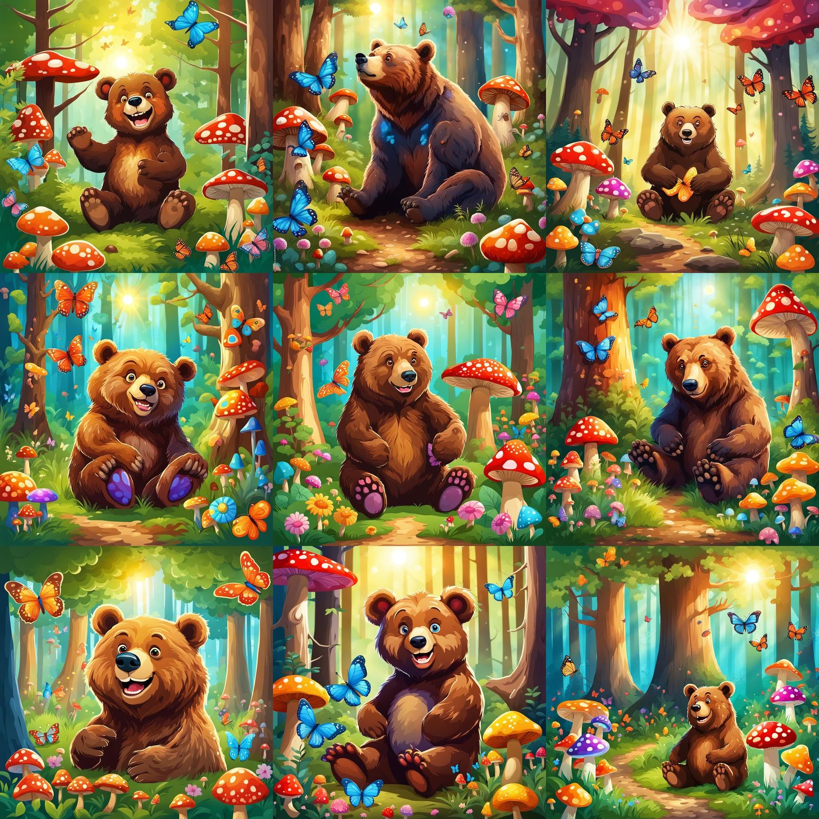 Whimsical Bear in Sunlit Fairytale Forest