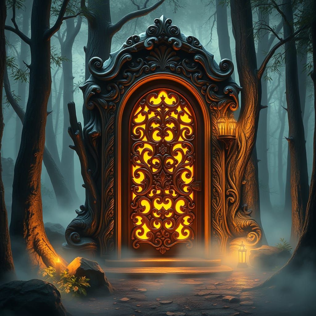 Enchanted Glowing Door in Whispering Forest