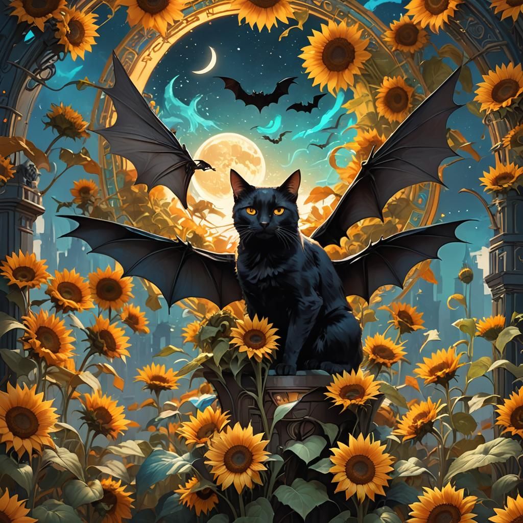 Black Cat with Bat Wings and Sunflowers