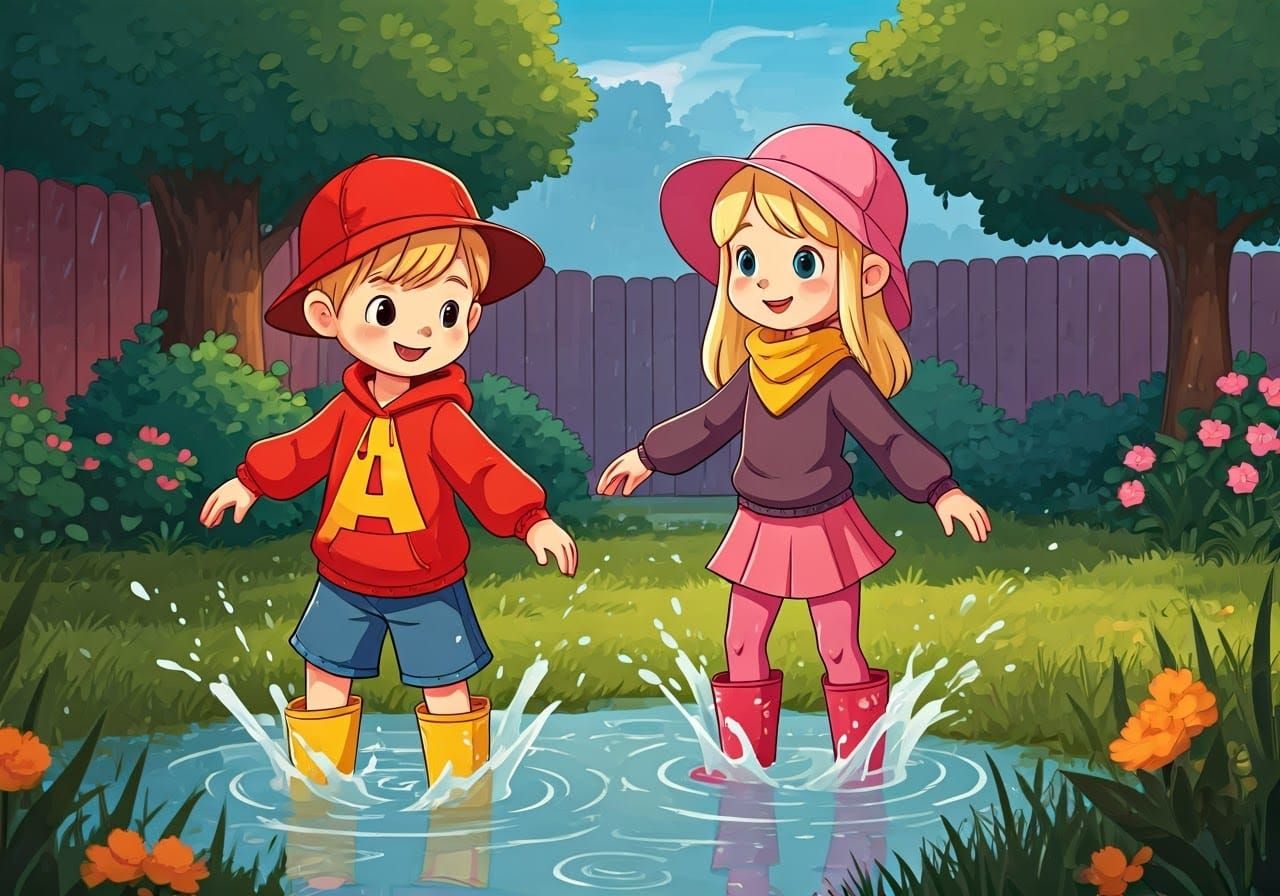 Children Splashing and Dancing in Muddy Puddle