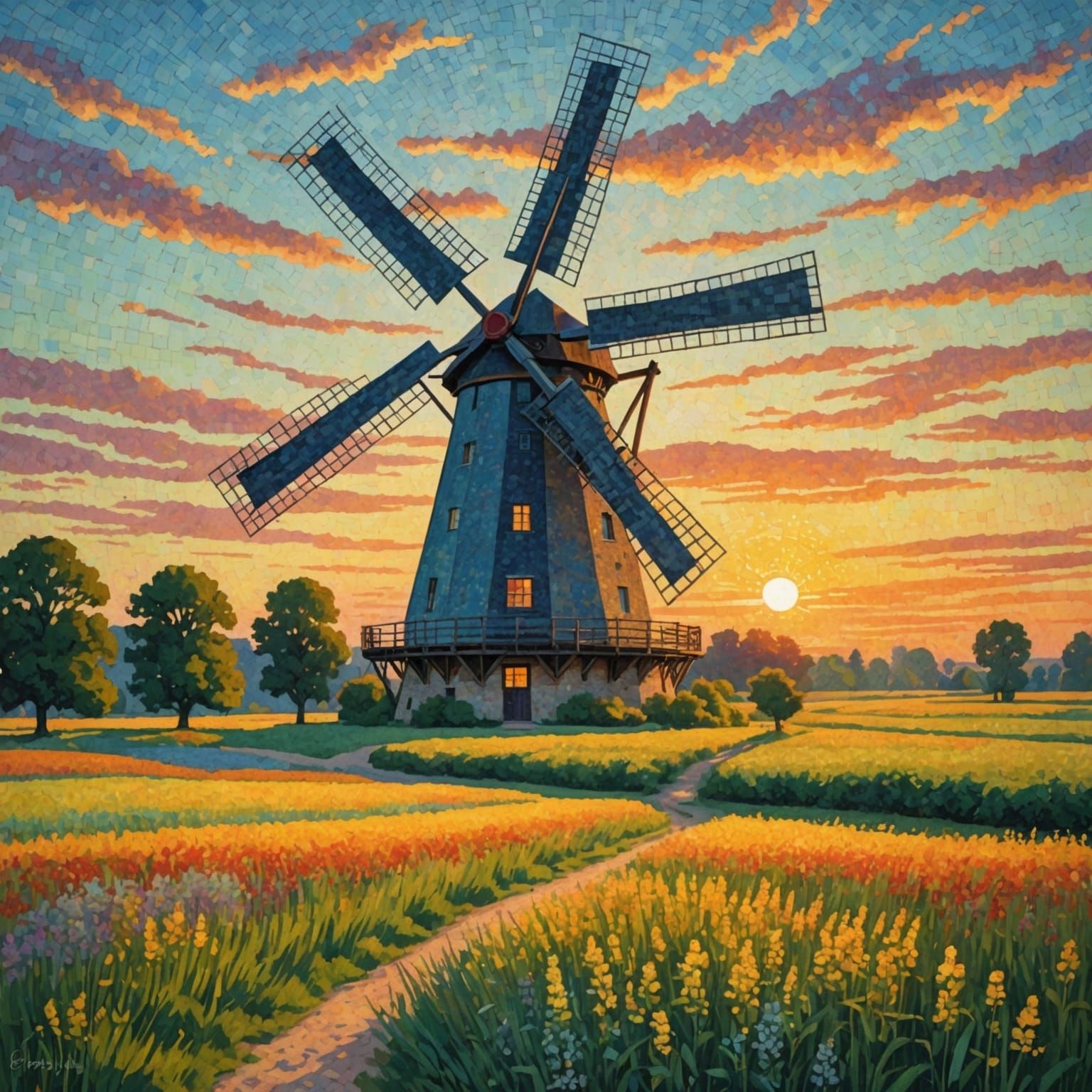 Pointillist Windmill in Motion at Sunset