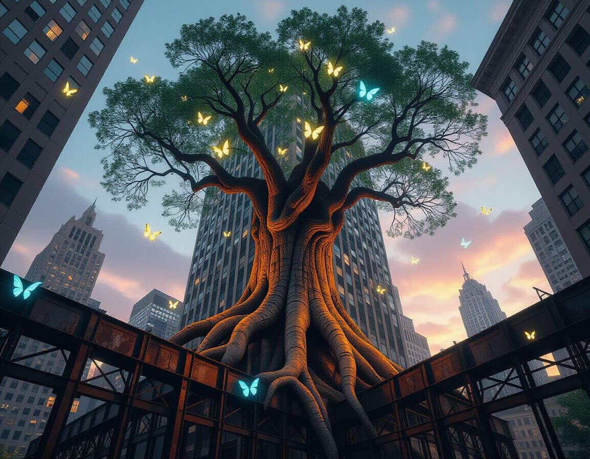Ancient Tree Reclaims Skyscraper in Oil Painting Style