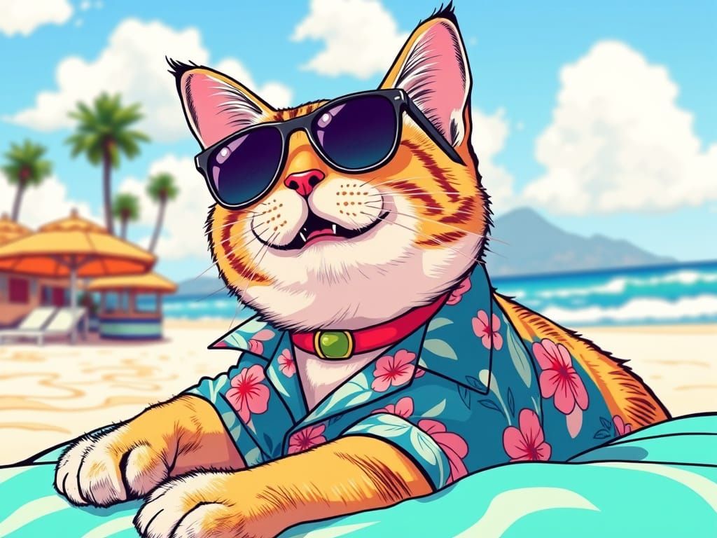 Cat in Sunglasses on California Beach, Digital Art