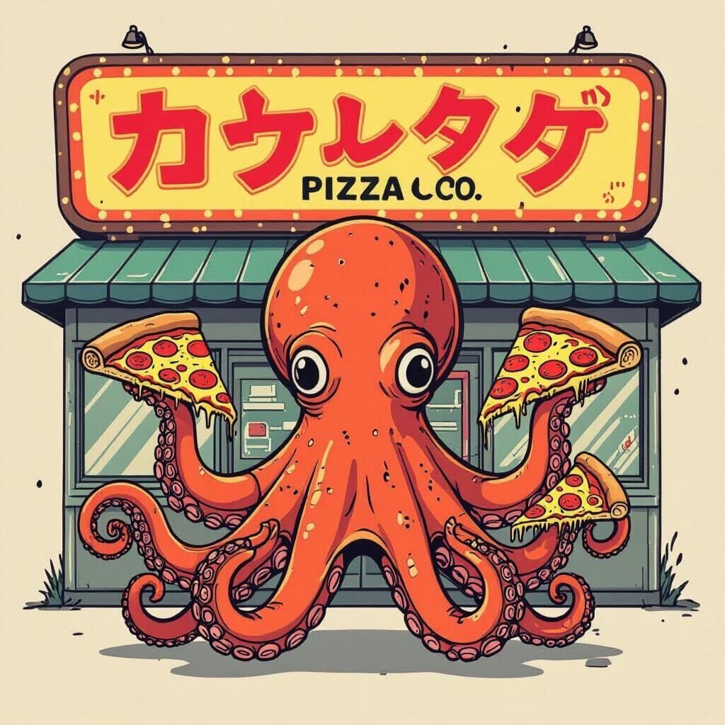 Retro Japanese Pizza Restaurant With Octopus In 70s Style