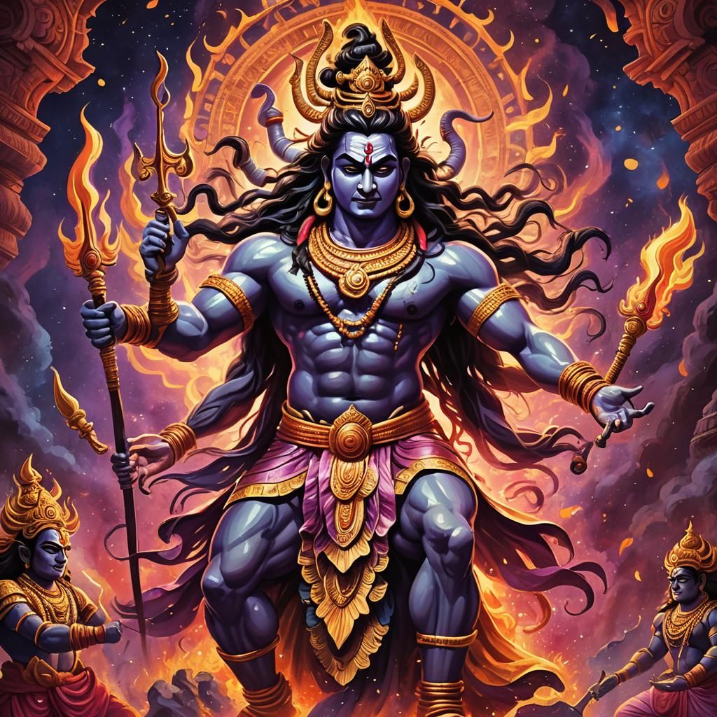 Wrathful Shiva Amidst Cosmic Flames: Digital Painting