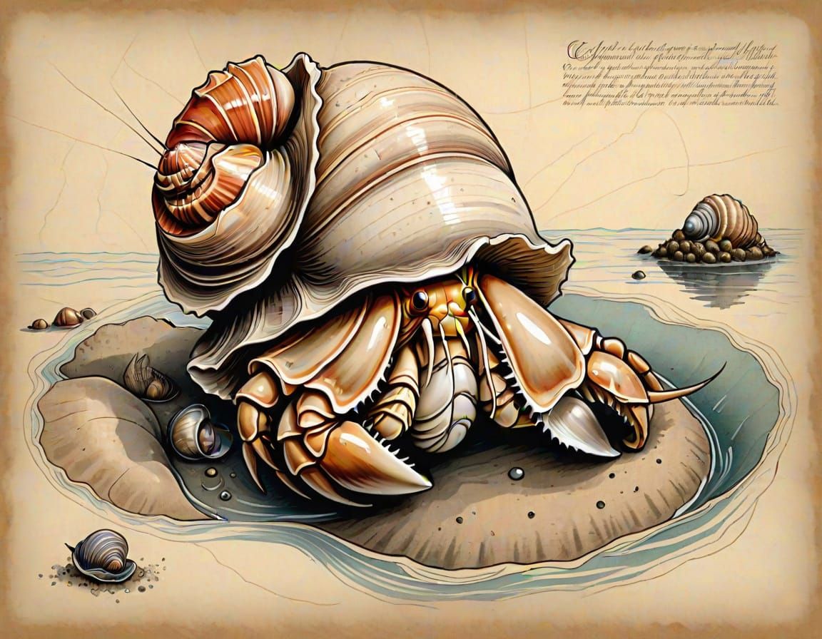 Hermit Crab in Tidal Pool: Ink Drawing in Da Vinci Style