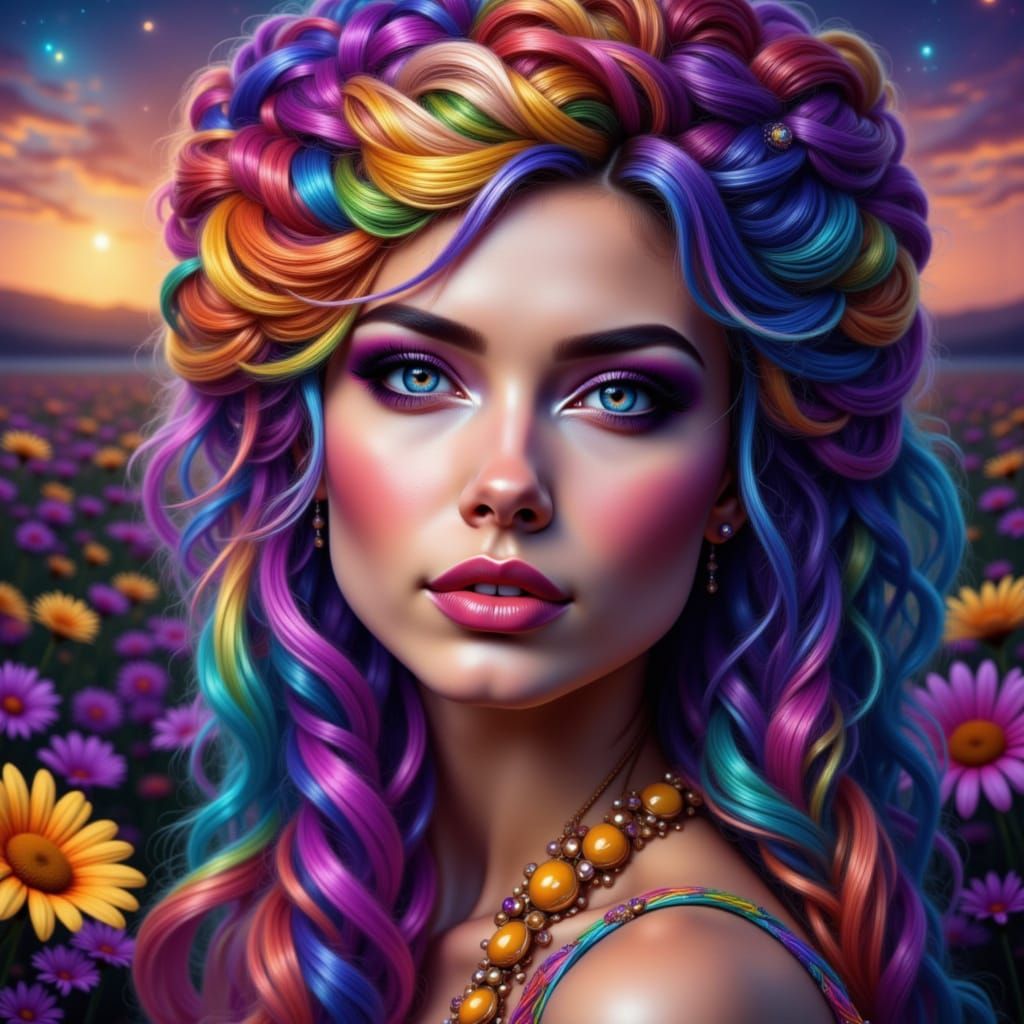 Lilith's Rainbow Braids in a Dreamscape Lake