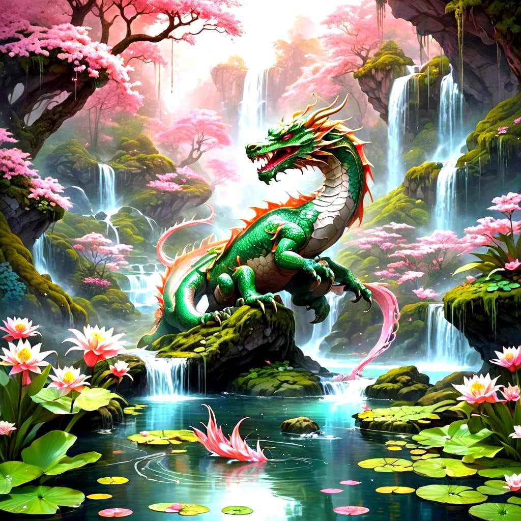 Enchanted Dragon Cave Waterfall Scene with Temple