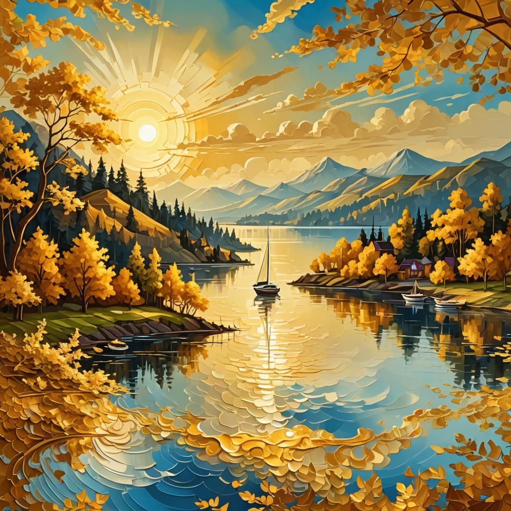 Golden Impasto Lake Scene with Sailboats