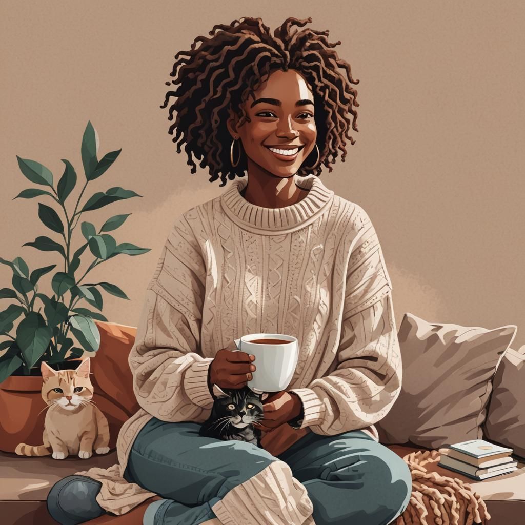 Woman with Tea and Cat in Flat Vector Style