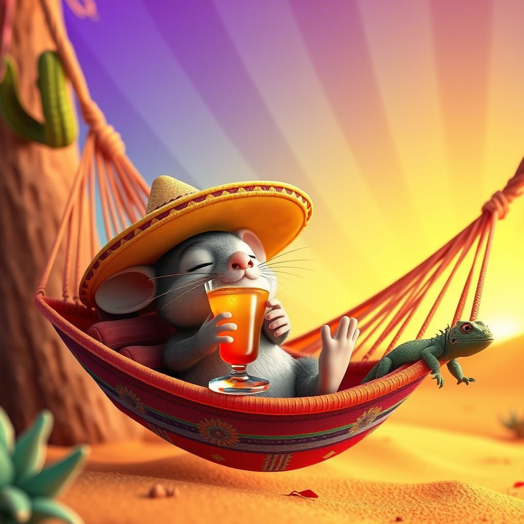 Mouse Siesta: Hyperrealistic Mexican Desert Dreamscape