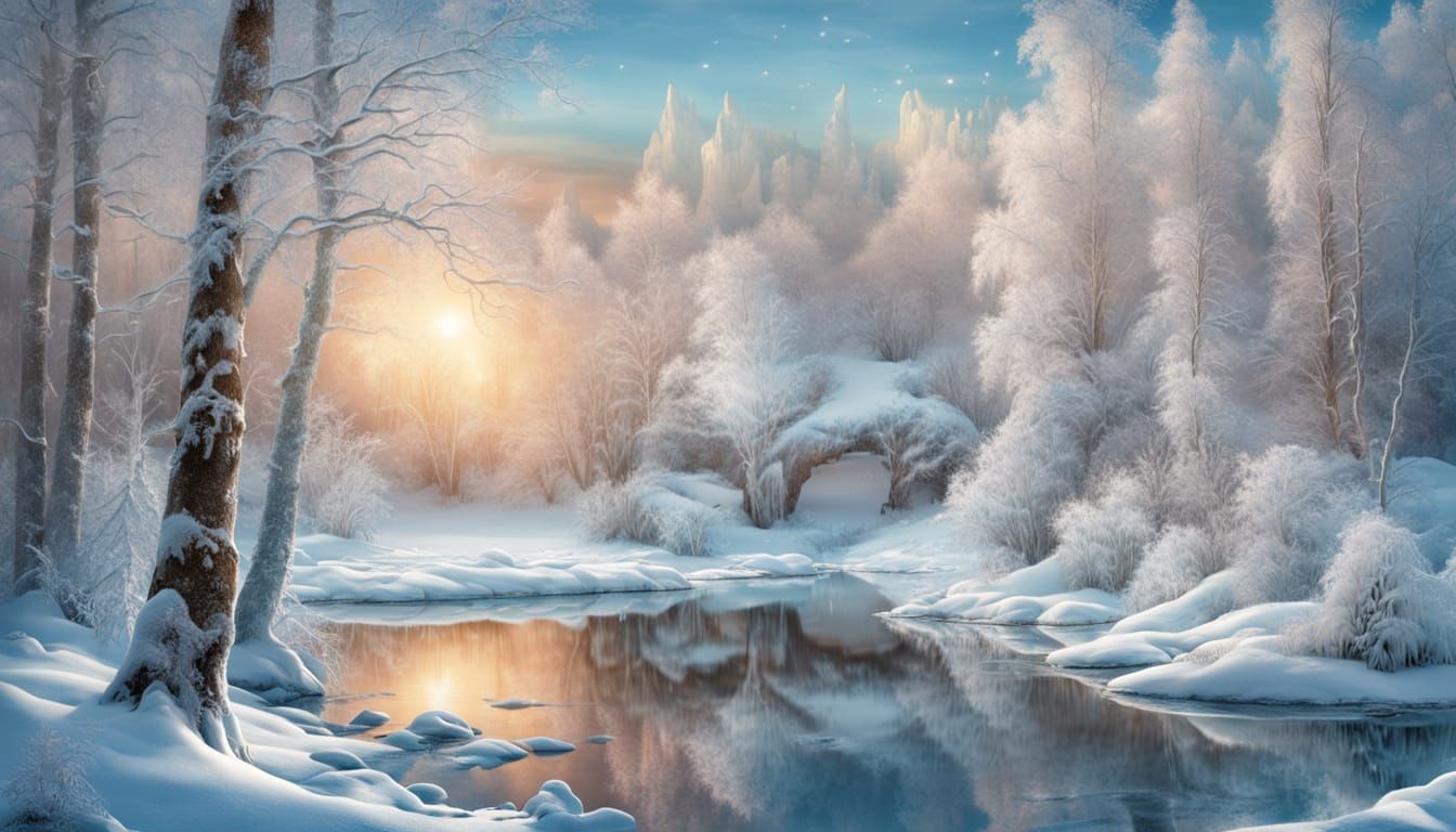 Surreal Winter Scene with Frosty Reflections in a Snowy Fore...