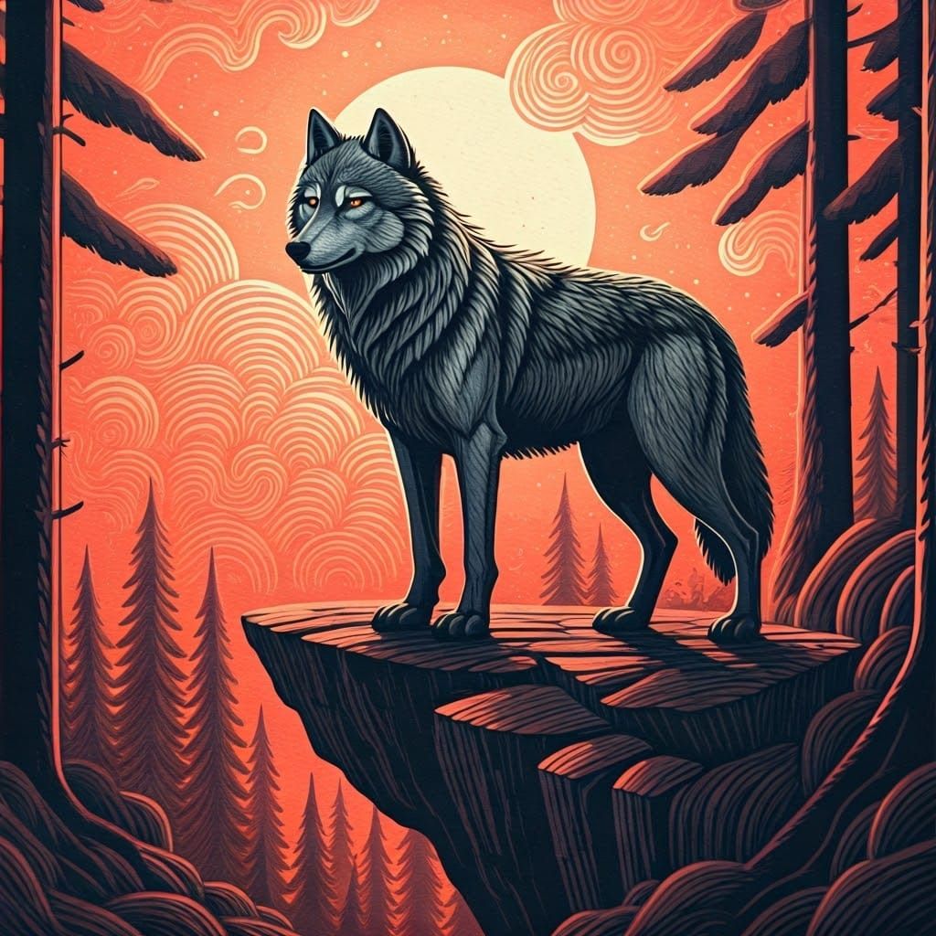 Majestic Wolf on Cliff in Linocut Style
