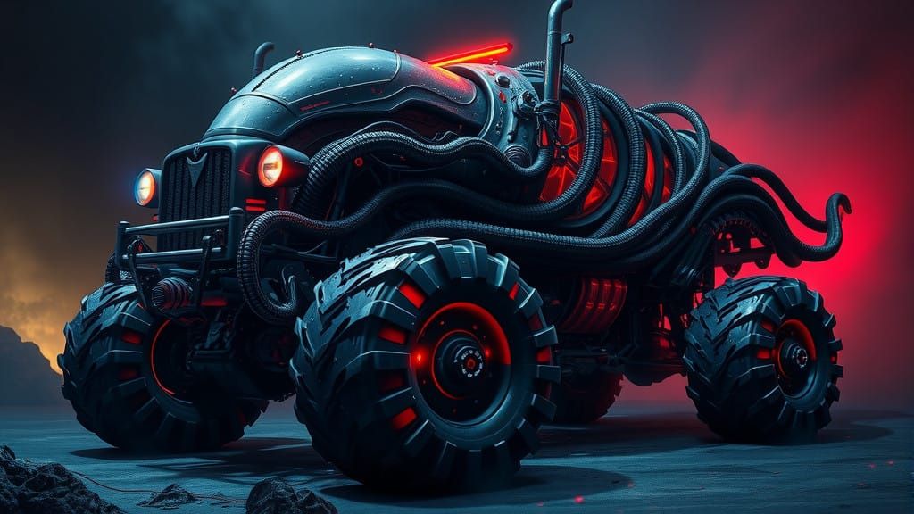 Biomechanical Beast: Dark, Industrial Alien Truck in Giger-I...