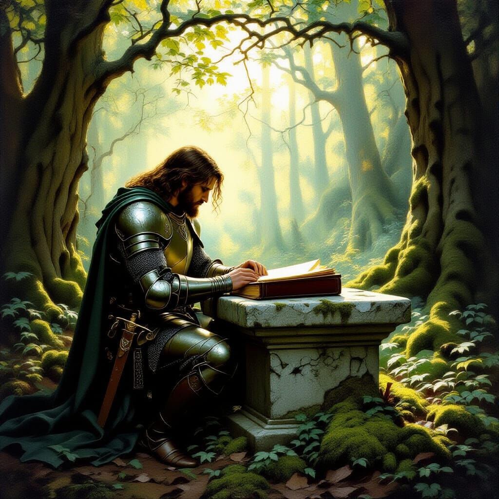 Weary Knight Finds Solace: Pre-Raphaelite Oil Painting