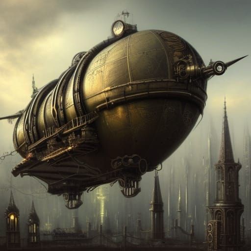 Biomechanical Steampunk Airship Over Gothic Cityscape