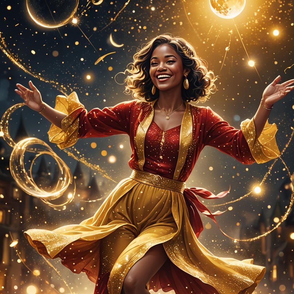Woman Dancing on Stars in Whimsical Fantasy Art